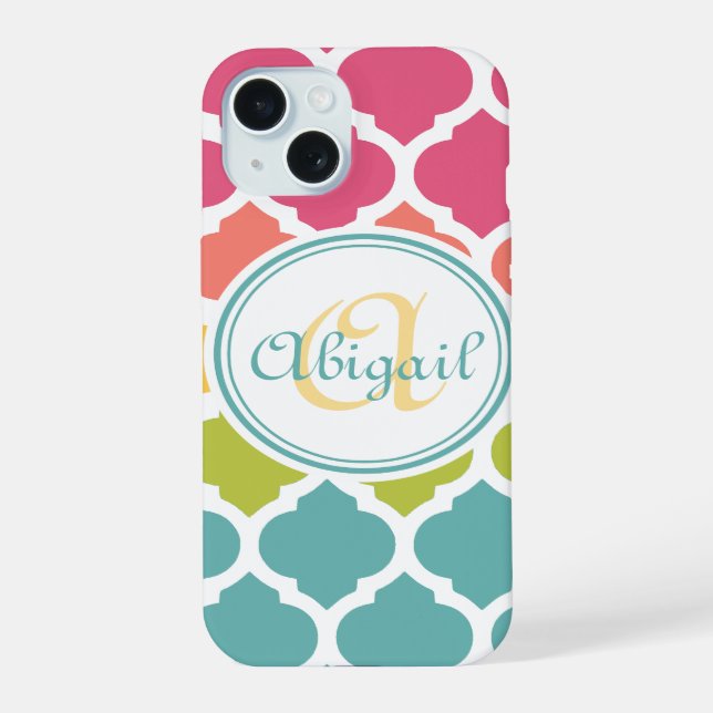 Monogrammed Blue Pink Moroccan Lattice Pattern iPhone 15 Case (Back)