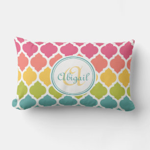 Monogrammed Blue Pink Moroccan Lattice Pattern Lumbar Pillow
