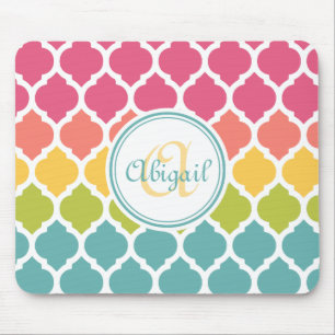 Monogrammed Blue Pink Moroccan Lattice Pattern Mouse Pad