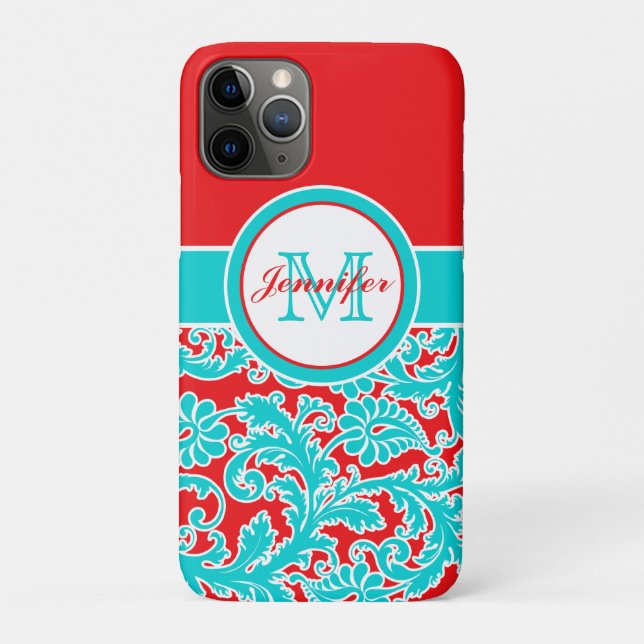 Monogrammed Blue, Red, White Damask iPhone 11 Case-Mate iPhone Case (Back)