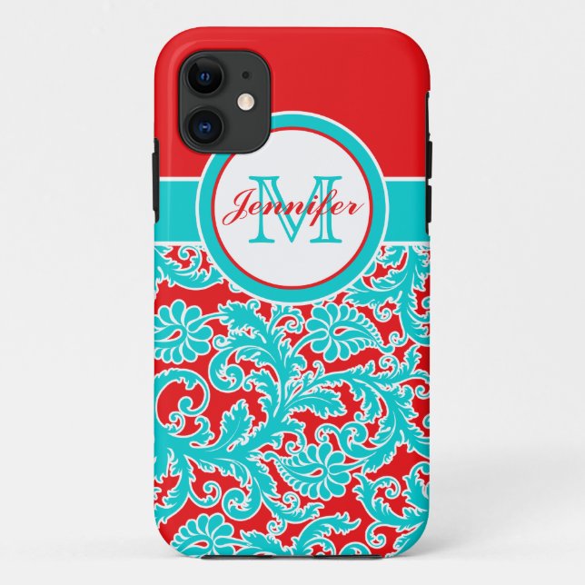 Monogrammed Blue, Red, White Damask iPhone 5 Case-Mate iPhone Case (Back)