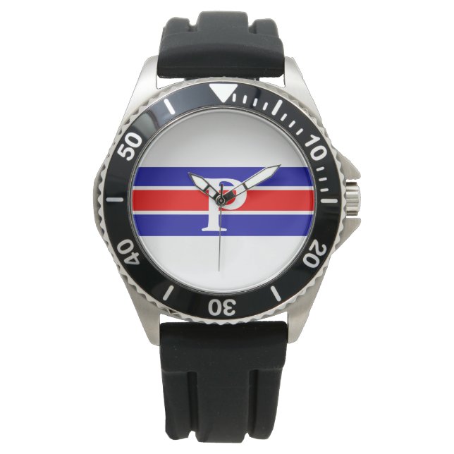 Monogrammed Blue & Red-White Striped Watch (Front)