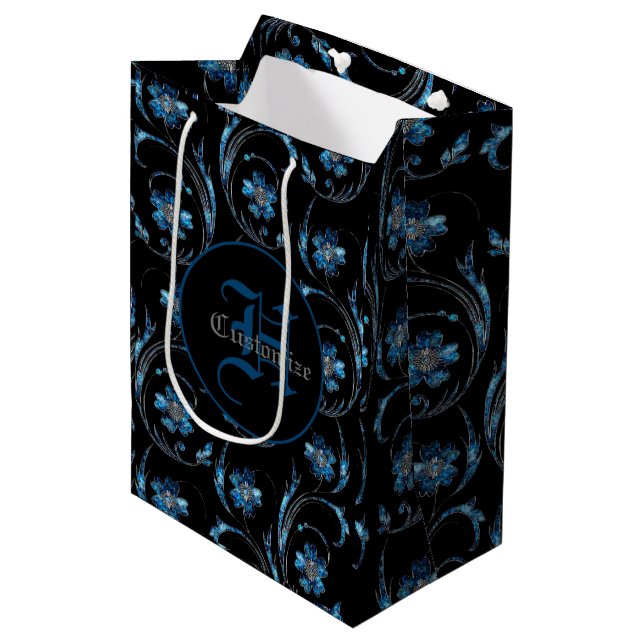 Monogrammed Blue Shimmer Floral 2 Medium Gift Bag (Front Angled)