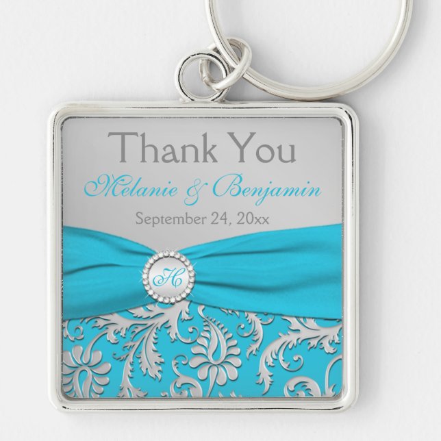Monogrammed Blue, Silver Wedding Favour Key Chain (Front)