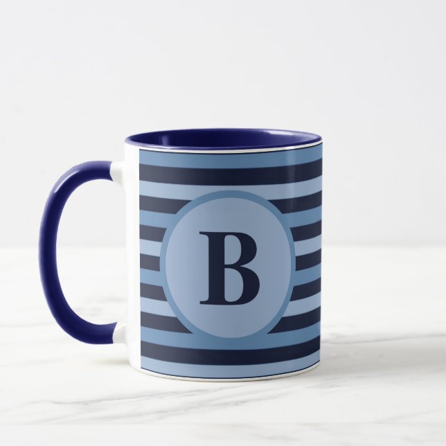 Monogrammed Blue Stripes in Navy and Light Hues Mug (Left)
