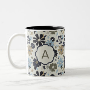 Monogrammed Blue Tan Flowers Outlined Floral Print Two-Tone Coffee Mug