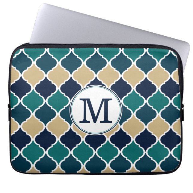 Monogrammed Blue Tan Moroccan Lattice Pattern Laptop Sleeve (Front)