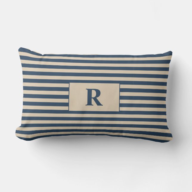 Monogrammed Blue/Vanilla Stripes Lumbar Pillow (Front)