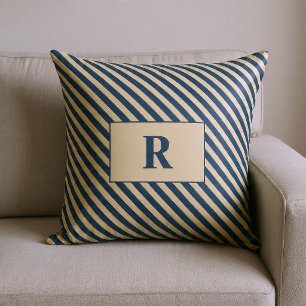 Monogrammed Blue/Vanilla Stripes Throw Pillow