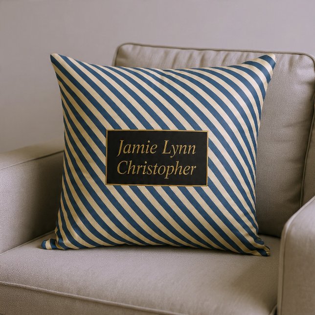 Monogrammed Blue/Vanilla Stripes Throw Pillow (Creator Uploaded)