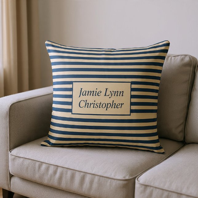 Monogrammed Blue/Vanilla Stripes Throw Pillow (Creator Uploaded)