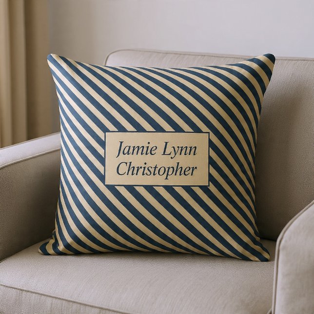 Monogrammed Blue/Vanilla Stripes Throw Pillow (Creator Uploaded)