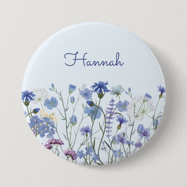 Monogrammed Blue Watercolor Wildflower garden 3 Inch Round Button (Front)
