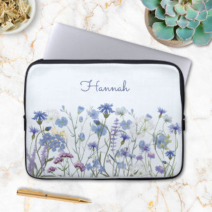 Monogrammed Blue Watercolor Wildflower Garden Laptop Sleeve