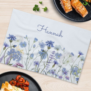 Monogrammed Blue Watercolor Wildflower Tea Kitchen Towel
