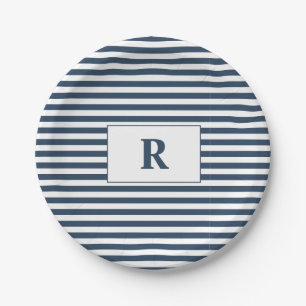 Monogrammed Blue/White Stripes Paper Plate