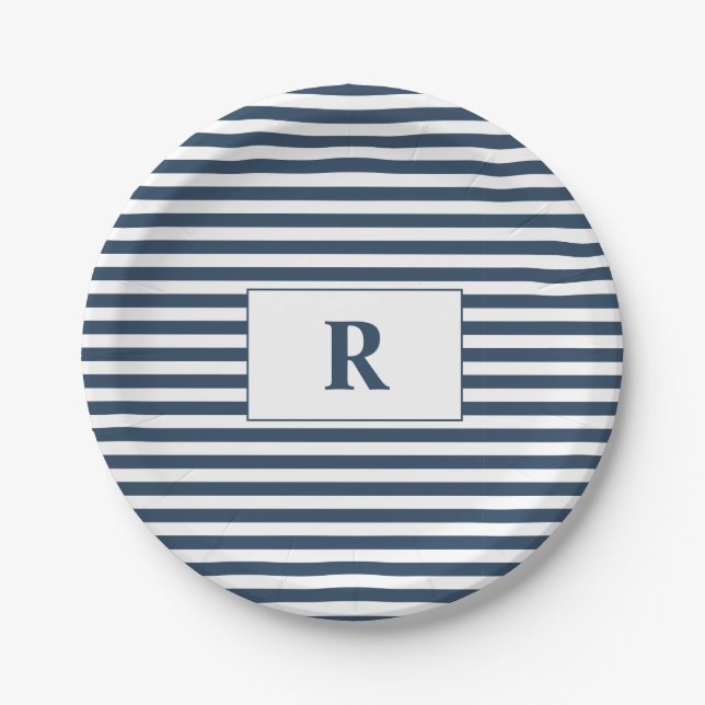 Monogrammed Blue/White Stripes Paper Plate (Front)