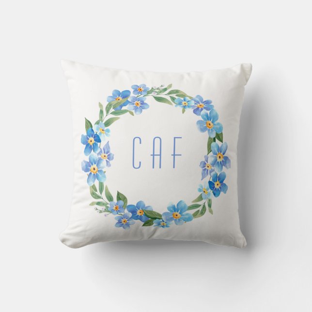 Monogrammed Blue Yellow Floral Wreath Throw Pillow (Front)