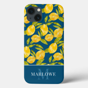 Monogrammed Blue Yellow Watercolor Lemon Pattern iPhone 13 Case