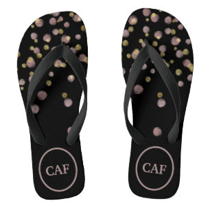 Monogrammed Blush and Gold Overlay on Black Flip Flops