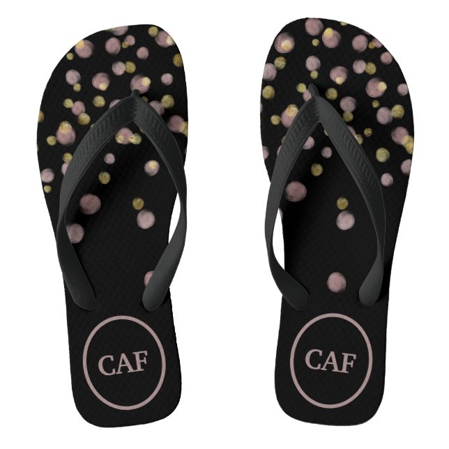 Monogrammed Blush and Gold Overlay on Black Flip Flops (Footbed)