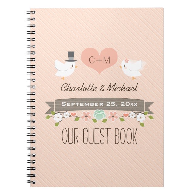 Monogrammed Blush Love Birds Wedding Guest Book (Front)