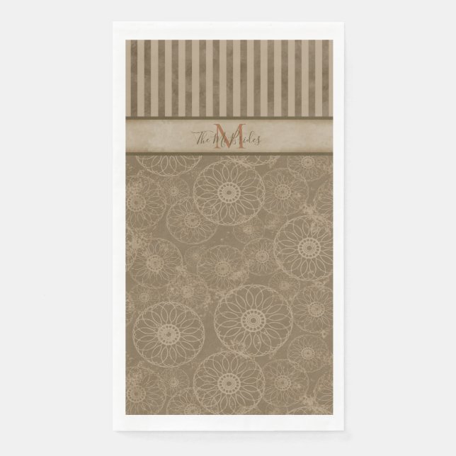 Monogrammed Boho Beige and Brown Geometric Stripe  Napkin (Front)