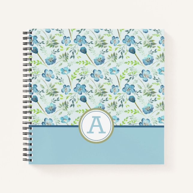 Monogrammed Boho Blue Green Watercolor Flowers Notebook (Front)