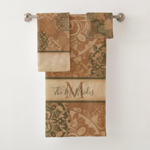 Monogrammed Boho Dark Rust Mandalas Bath Towel Set