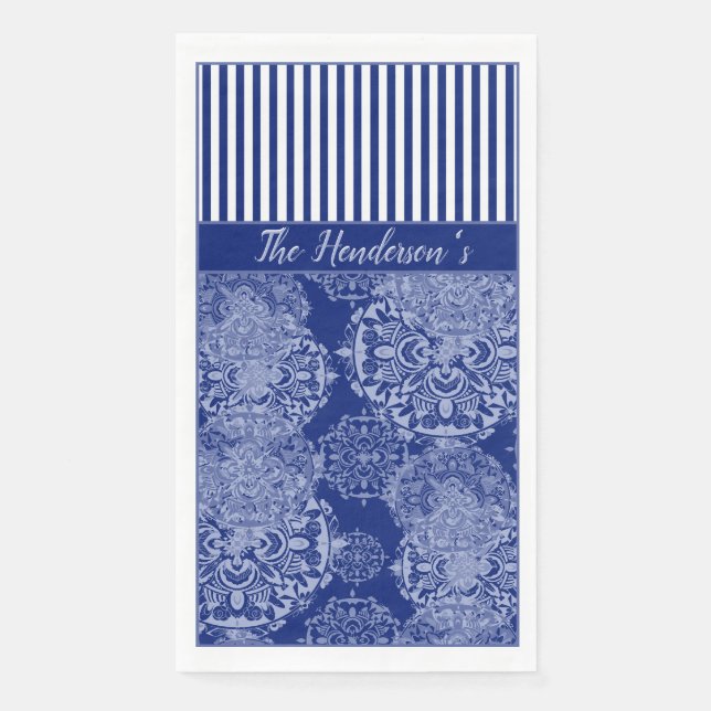 Monogrammed Boho Moody Blues Mandalas and Stripes Napkin (Front)