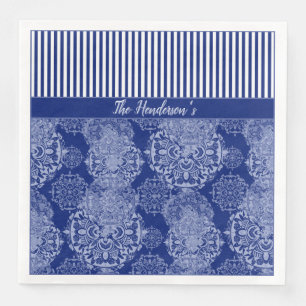 Monogrammed Boho Moody Blues Mandalas and Stripes Napkin