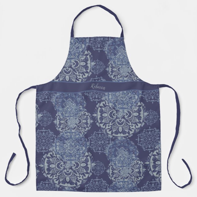 Monogrammed Boho Moody Demin Blues Mandalas Apron (Front)
