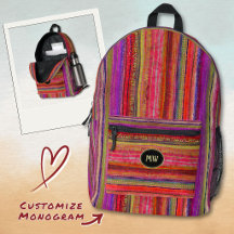 Monogrammed Boho Vintage Red Violet Stripes -