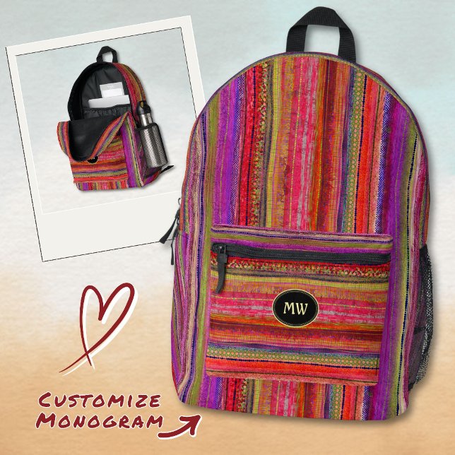 Monogrammed Boho Vintage Red Violet Stripes -  Printed Backpack (Creator Uploaded)