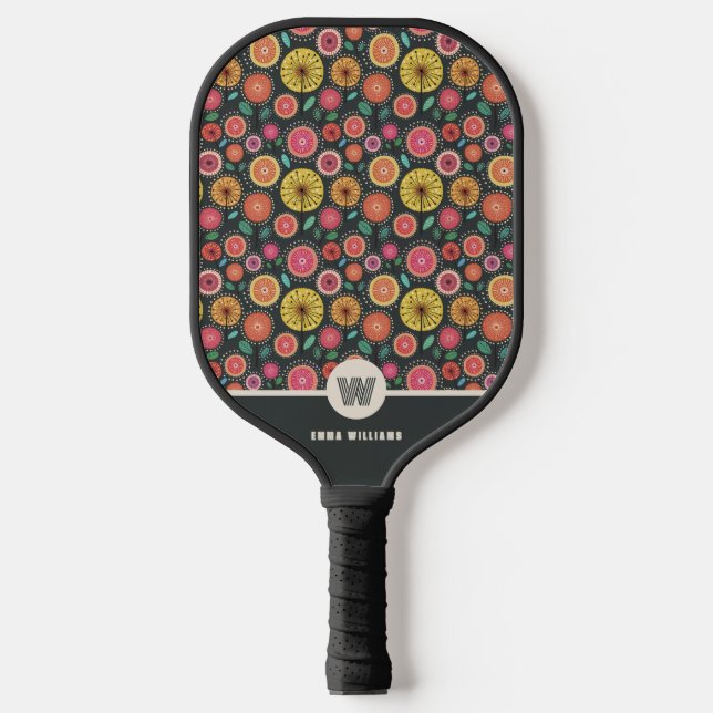  Monogrammed Bold Boho Chic Floral Personalized Pickleball Paddle (Front)