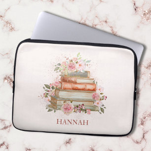 Monogrammed Books and Vintage Pink Roses Laptop Sleeve