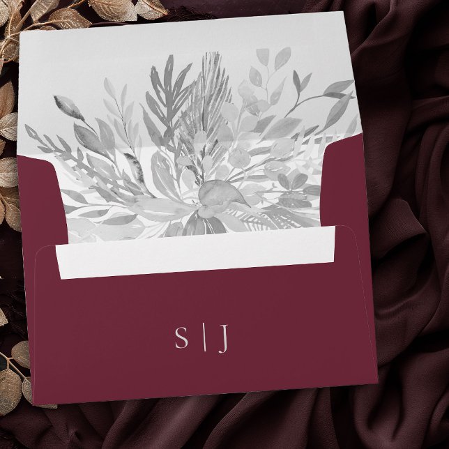 Monogrammed Botanical Foliage Burgundy Grey Envelope (Wedding Invitation Envelope in Burgundy and Grey from the Foliage Duet Collection by Darling & May)