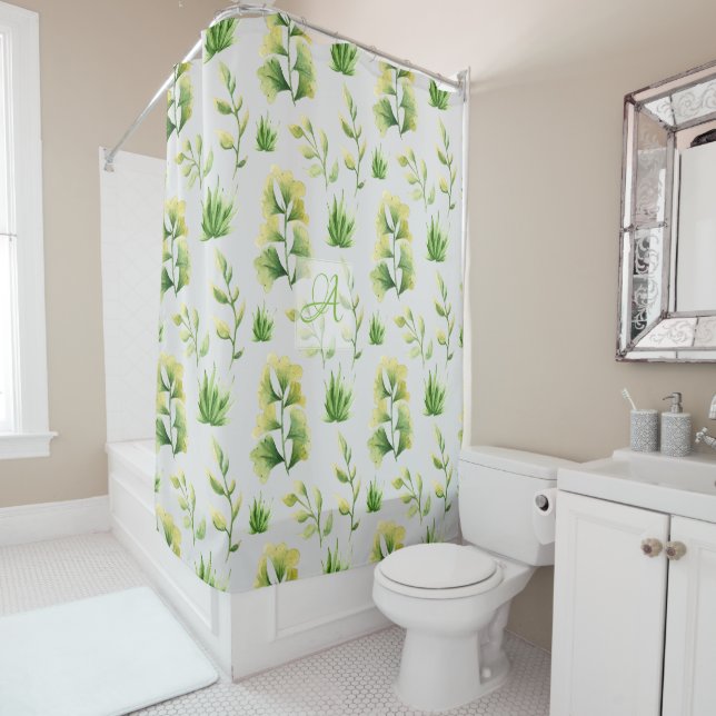 Monogrammed Botanical Leaves Watercolor Green Deco (In Situ)