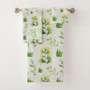 Monogrammed Botanical Leaves Watercolor Green Deco Bath Towel Set