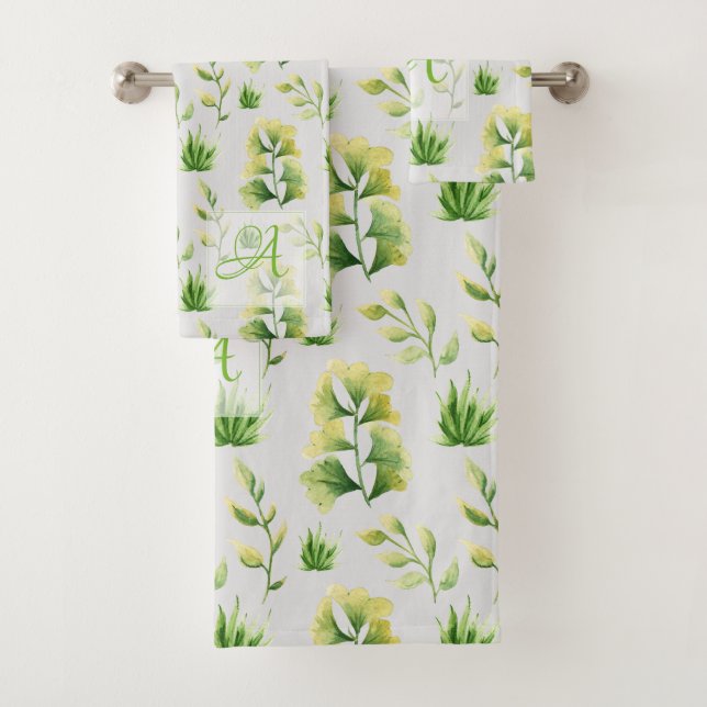 Monogrammed Botanical Leaves Watercolor Green Deco Bath Towel Set (Insitu)
