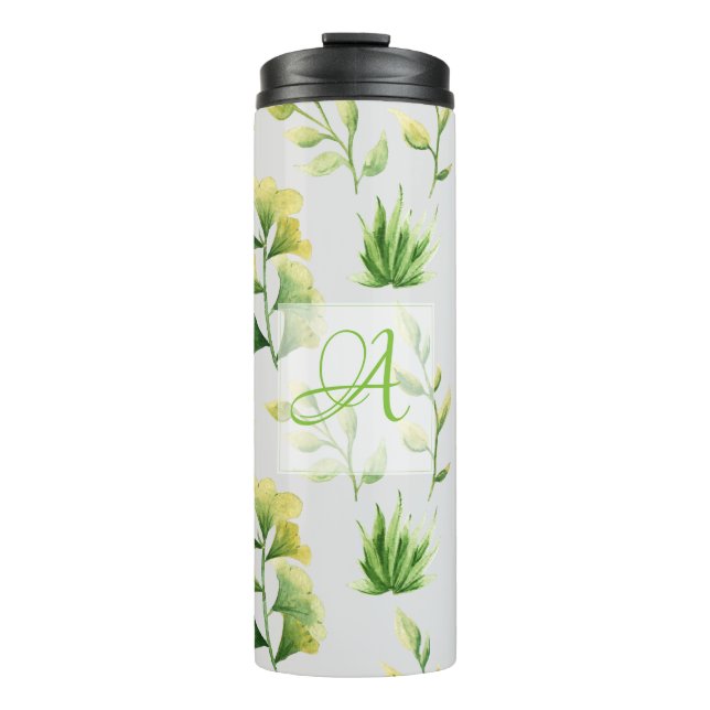 Monogrammed Botanical Leaves Watercolor Green Deco Thermal Tumbler (Front)