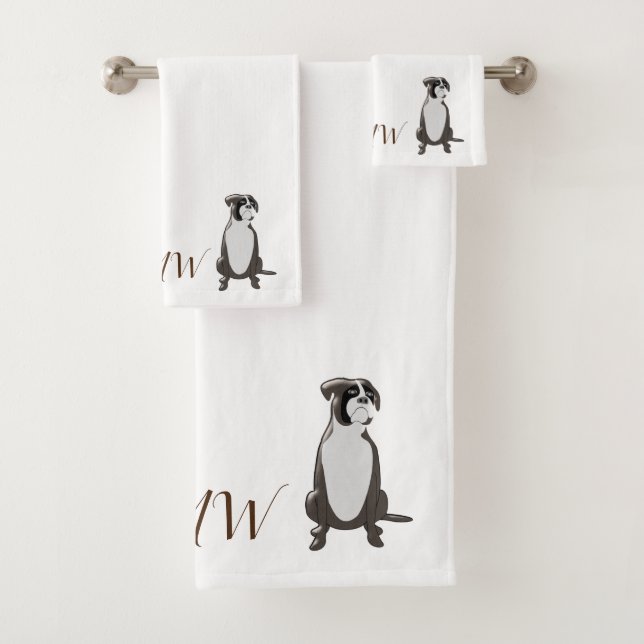 Monogrammed Boxer Dog Design Bath Towel Set (Insitu)