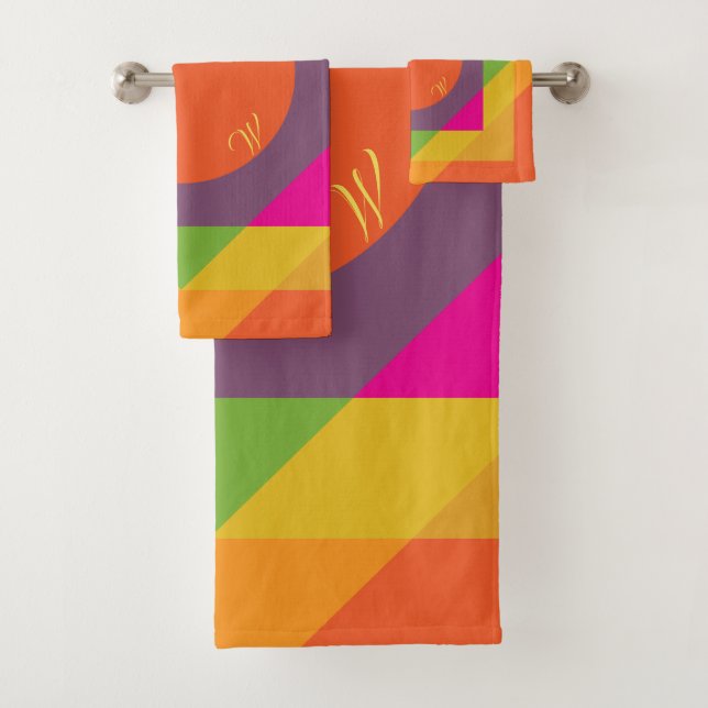 Monogrammed Bright Colourful Geometric Pattern Bath Towel Set (Insitu)