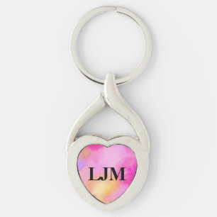 Monogrammed Bright Pink Floral Watercolor Keychain