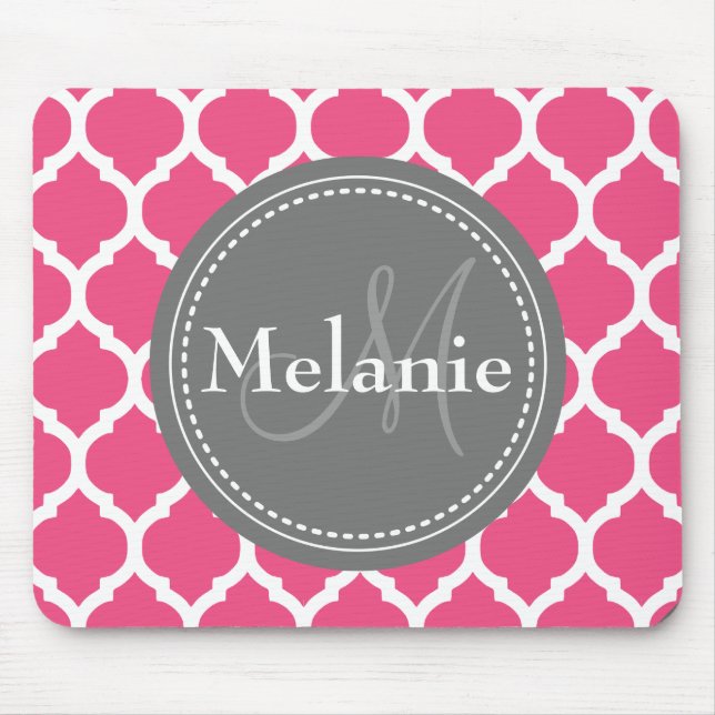 Monogrammed Bright Pink & Grey Quatrefoil Mouse Pad (Front)