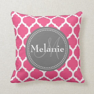 Monogrammed Bright Pink & Grey Quatrefoil Throw Pillow