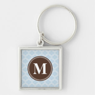 Monogrammed Brown Baby Blue Trellis Pattern Keychain