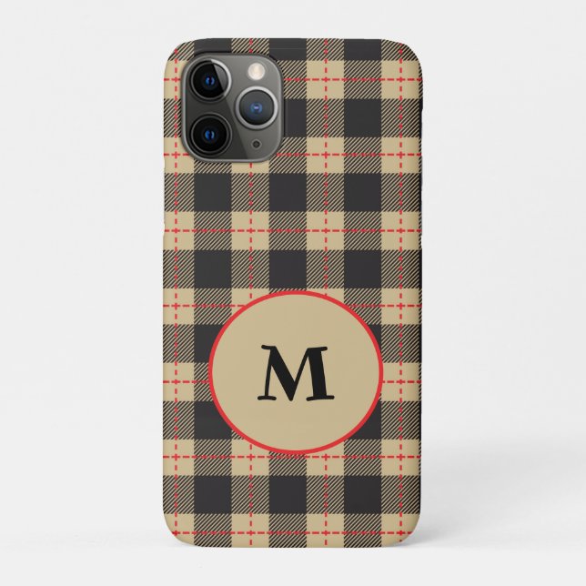Monogrammed Brown Black and Red Buffalo Case-Mate iPhone Case (Back)