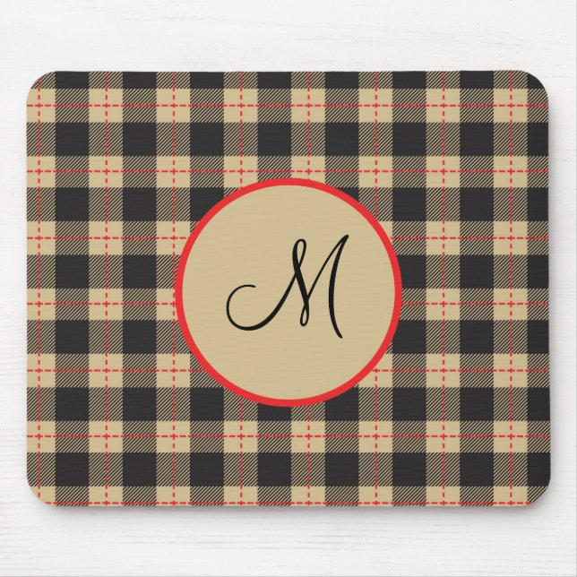 Monogrammed Brown Black and Red Buffalo Plaid Mouse Pad (Front)