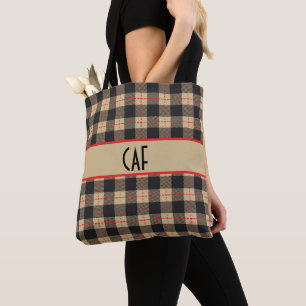 Monogrammed Brown Black and Red Buffalo Plaid Tote Bag